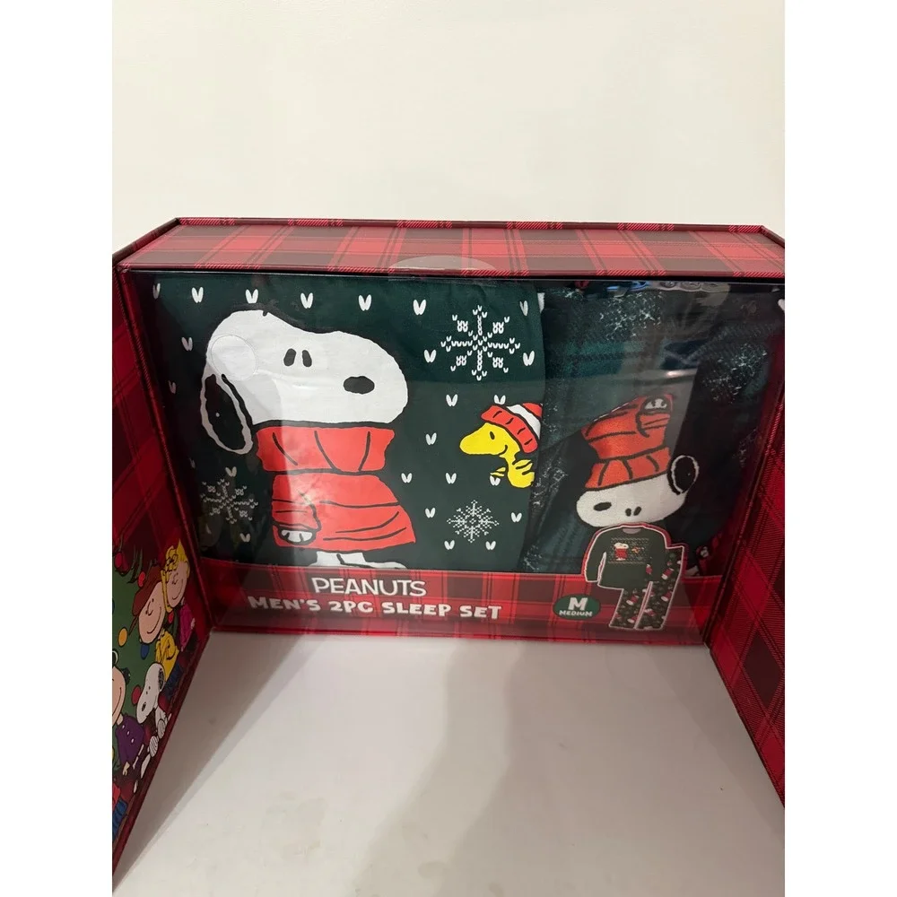 Peanuts Mens 2 Piece Sleep Set Snoopy Woodstock Pajamas Christmas Plaid Medium - Picture 2 of 3